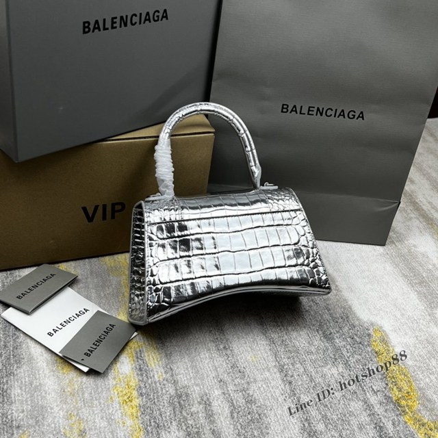 Balenciaga專櫃爆款鱷魚紋銀色中號Hourglass沙漏包 巴黎世家頂級原單手提肩背包 fyj1211